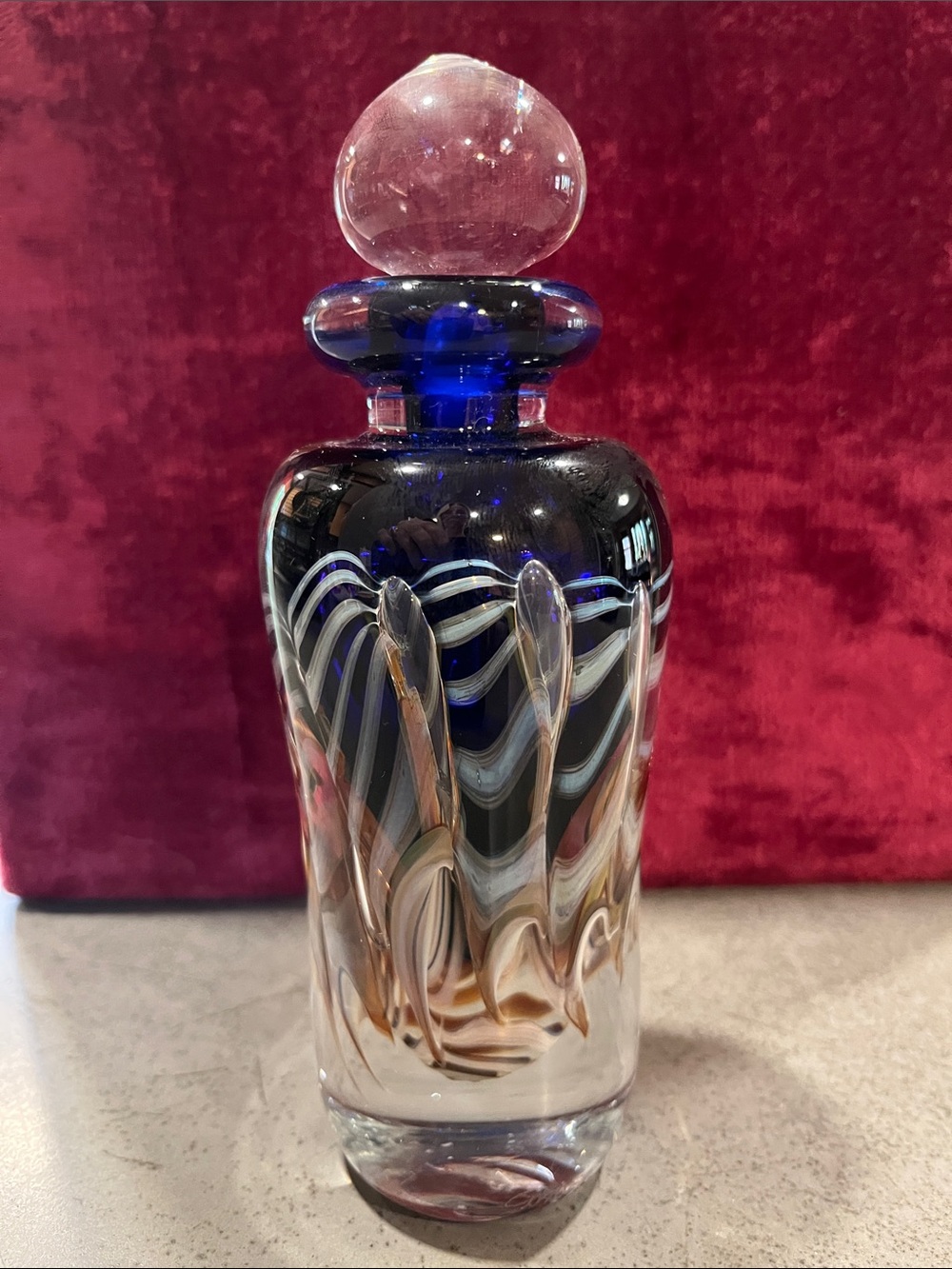 Hand Blown Studio Art Glass Perfume Bottle – Cobalt Blue & White Feather Design
